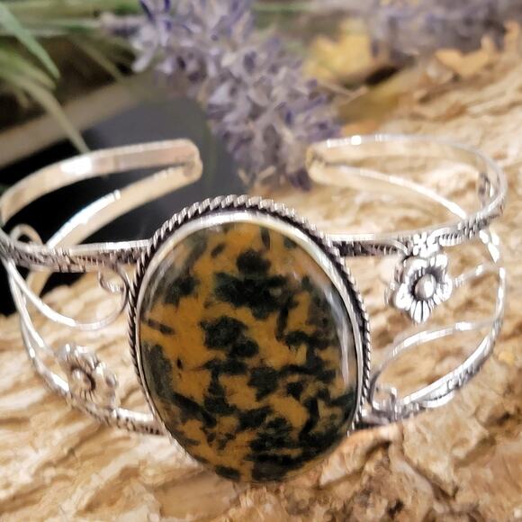 Vintage 1950 Wide Sterling Silver Cuff, Earthbound Spirit Jasper Cuff Bracelet